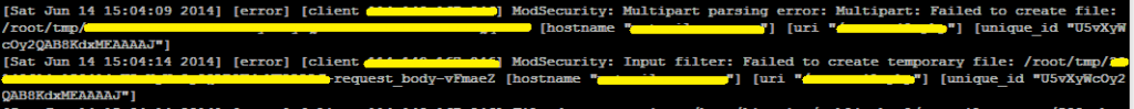 ModSecurity: Multipart parsing error: Multipart: Failed to create file: /root/tmp/